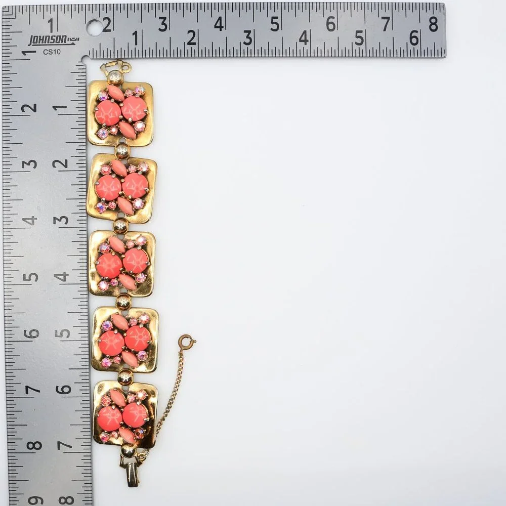 Vintage Schiaparelli Pink Cabochon and AB‎ Rhinestones Panel Bracelet 1950s